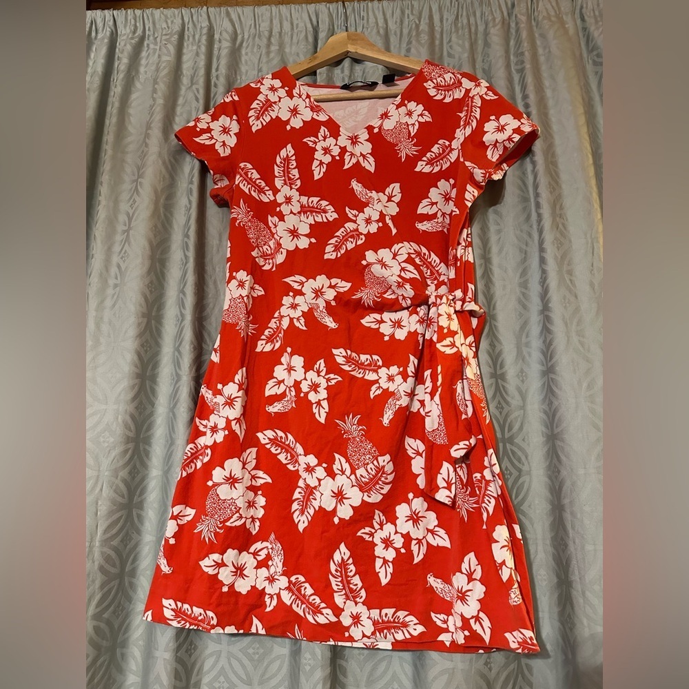 LANDS END Tropical Tie Front Faux Wrap Orange Size M Petite Resort Hawaiian Palm